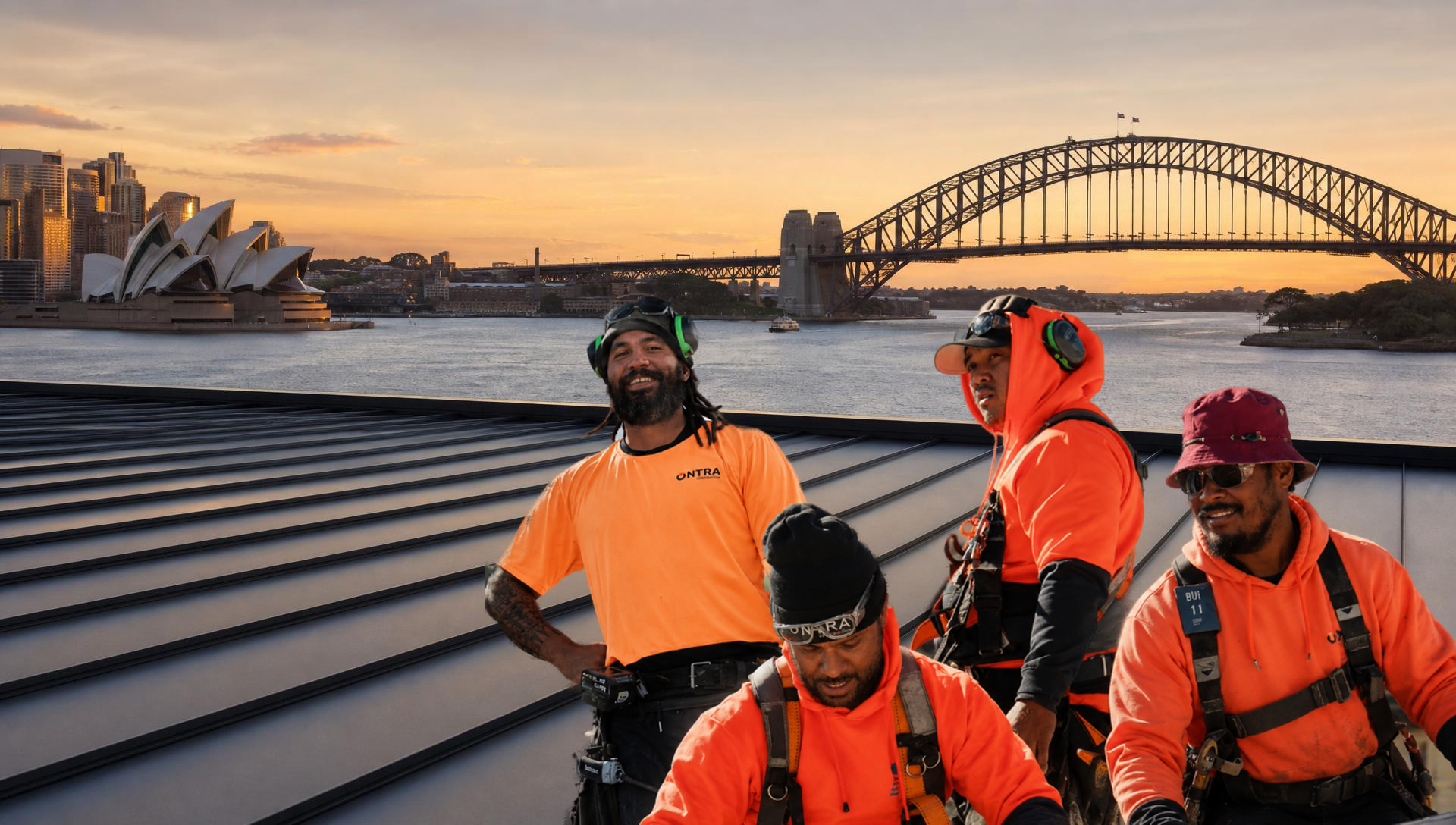 ONTRA roofer installing standing seam roof with Sydney Harbour Bridge in the background